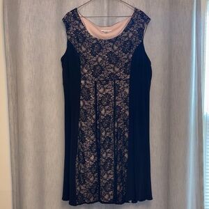 London Style Women’s Black and Tan Dress with Black floral Lace Overlay
